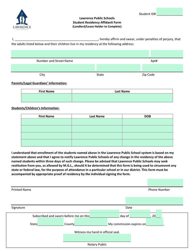 Student Residency Affidavit Form screenshot