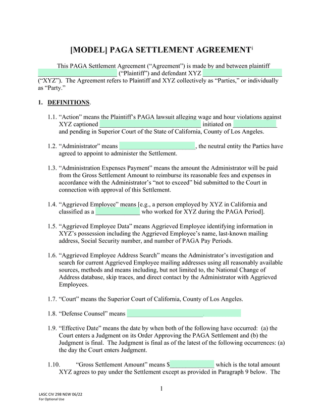 Model PAGA Settlement Agreement screenshot