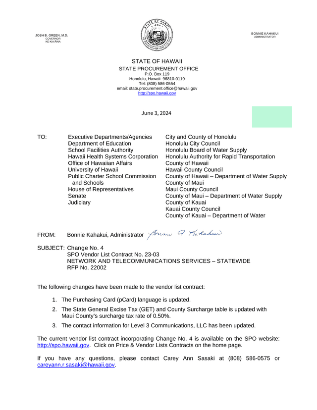 Change No. 4 SPO Vendor List Contract No. 23 03 Network And Telecommunications Services screenshot