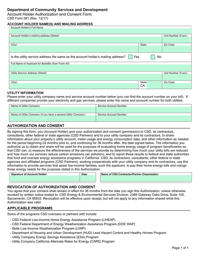 Account Holder Authorization And Consent Form screenshot