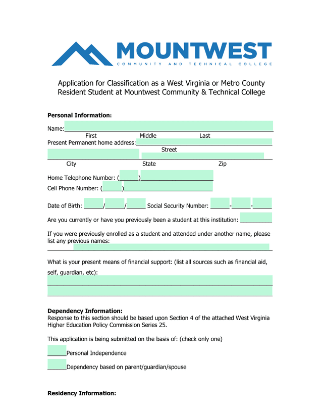 Application For Classification As A West Virginia Or Metro County Resident Student At Mountwest Comm screenshot