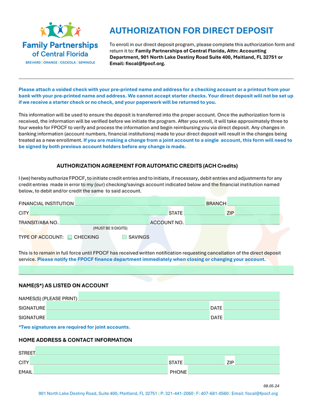 Authorization For Direct Deposit screenshot