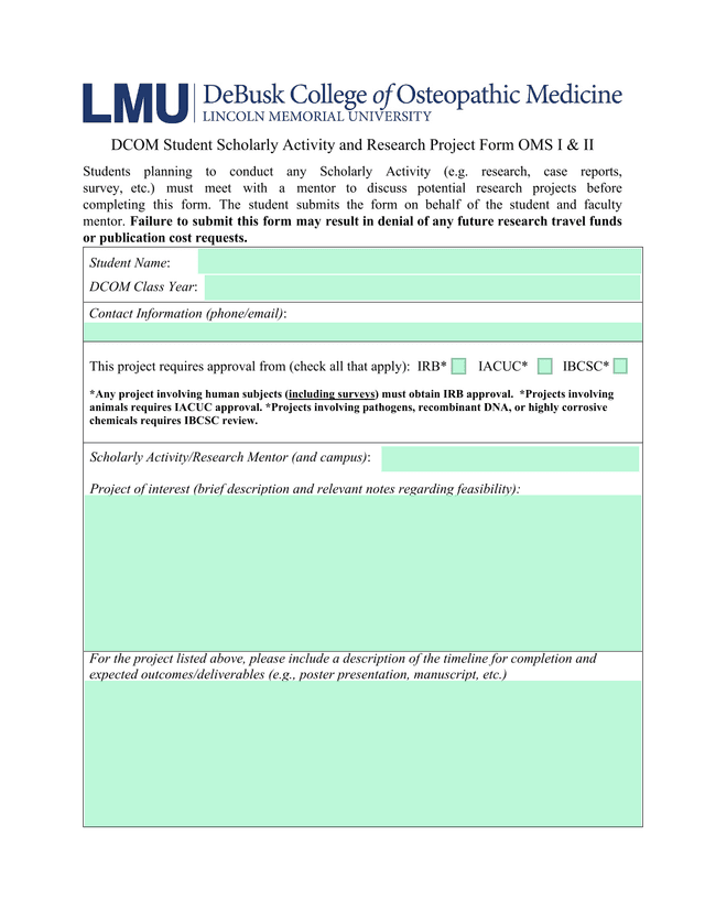 DCOM Student Scholarly Activity And Research Project Form OMS I  II screenshot