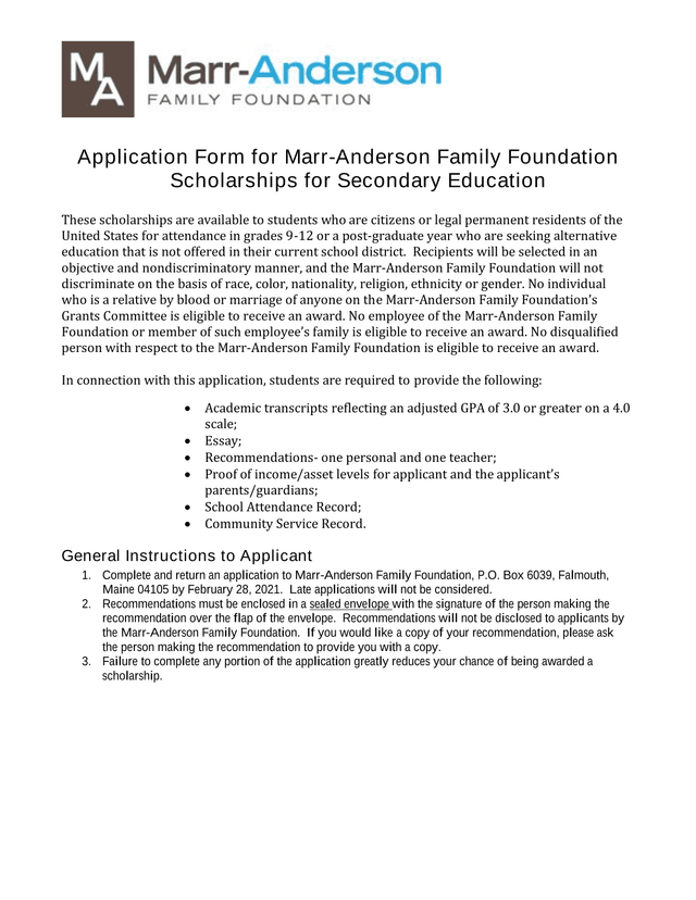 Application Form For Marr Anderson Family Foundation Scholarships For Secondary Education screenshot