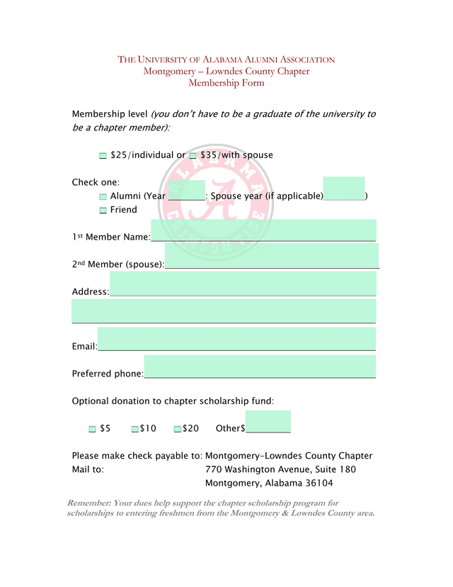 THE UNIVERSITY OF ALABAMA ALUMNI ASSOCIATION Montgomery  Lowndes County Chapter Membership Form screenshot