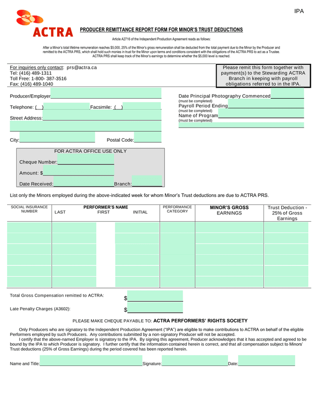 Producer Remittance Report Form For MinorS Trust Deductions screenshot