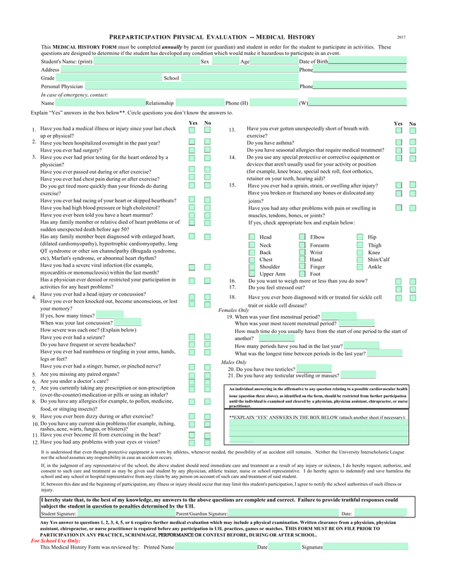 Preparticipation Physical Evaluation    Medical History screenshot