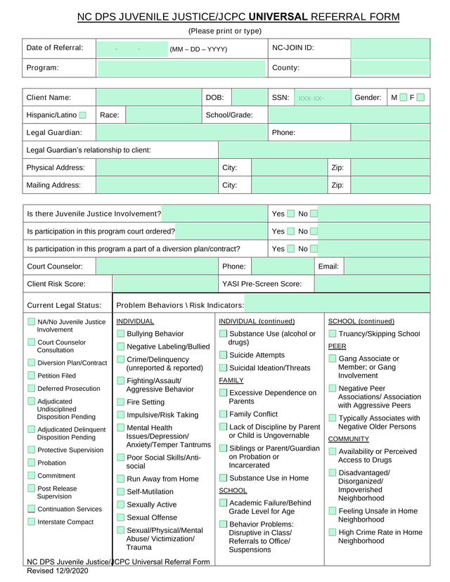 NC DPS Juvenile JusticeJCPC Universal Referral Form screenshot