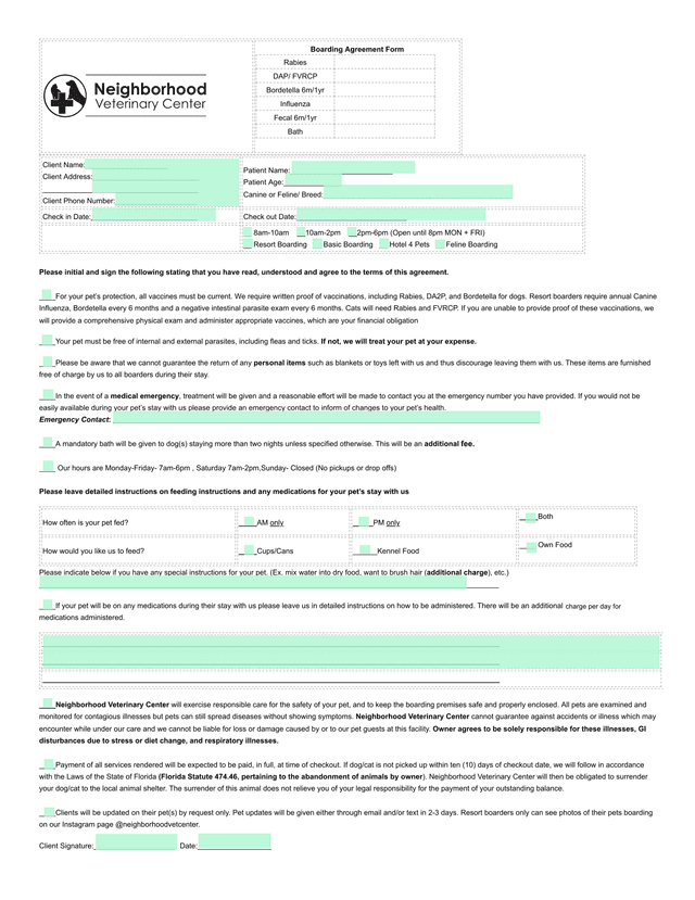 Boarding Agreement Form screenshot