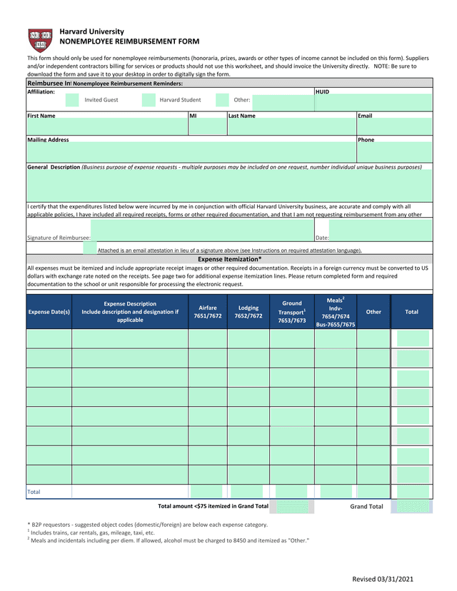 Harvard University Nonemployee Reimbursement Form screenshot
