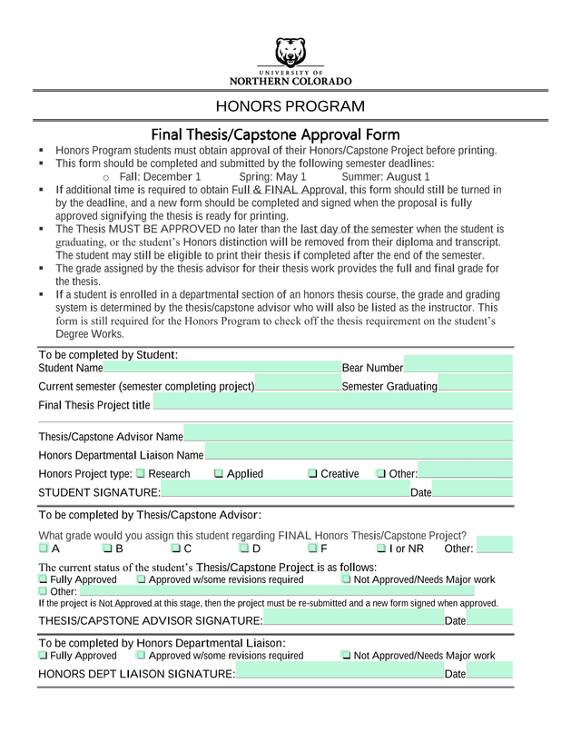 Honors Program Final ThesisCapstone Approval Form screenshot
