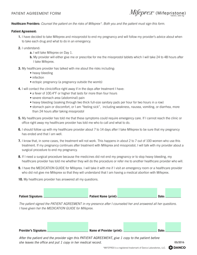 Mifeprex Patient Agreement And Consent Form screenshot