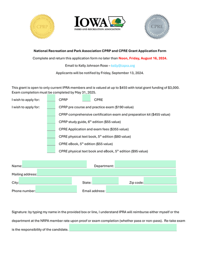 National Recreation And Park Association CPRP And CPRE Grant Application Form screenshot