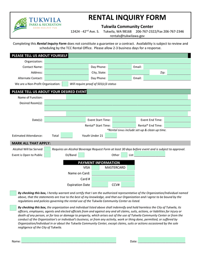 Rental Inquiry Form screenshot