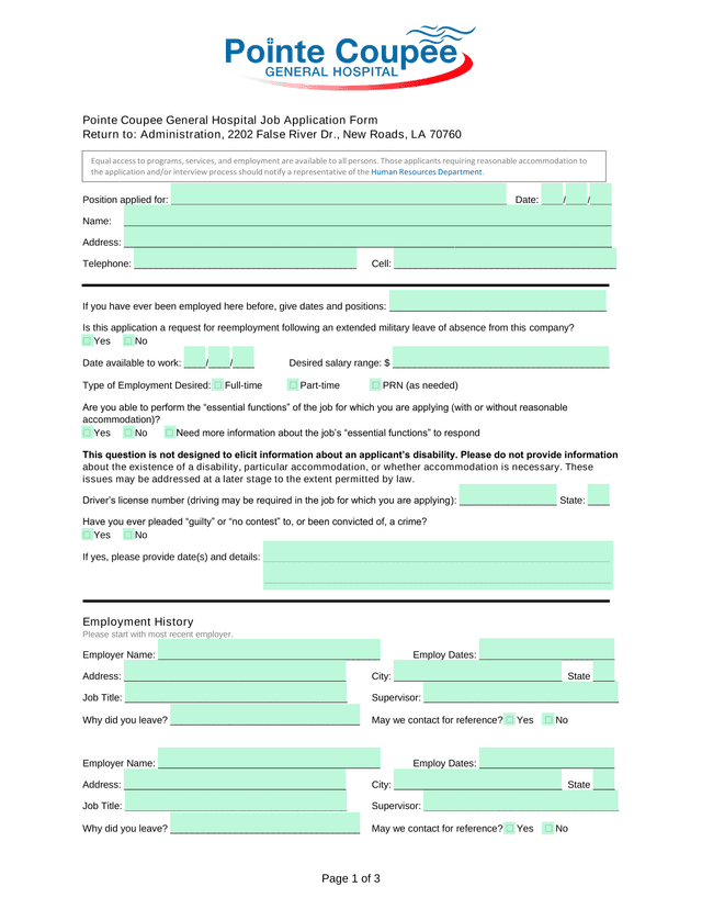 Pointe Coupee General Hospital Job Application Form screenshot