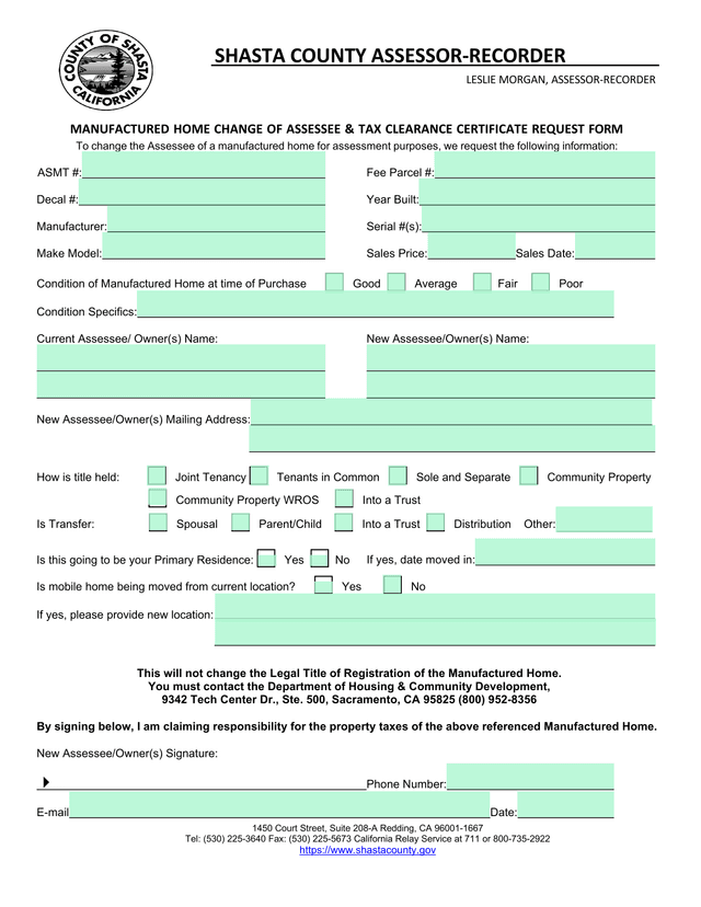 Manufactured Home Change Of Assessee  Tax Clearance Certificate Request Form screenshot