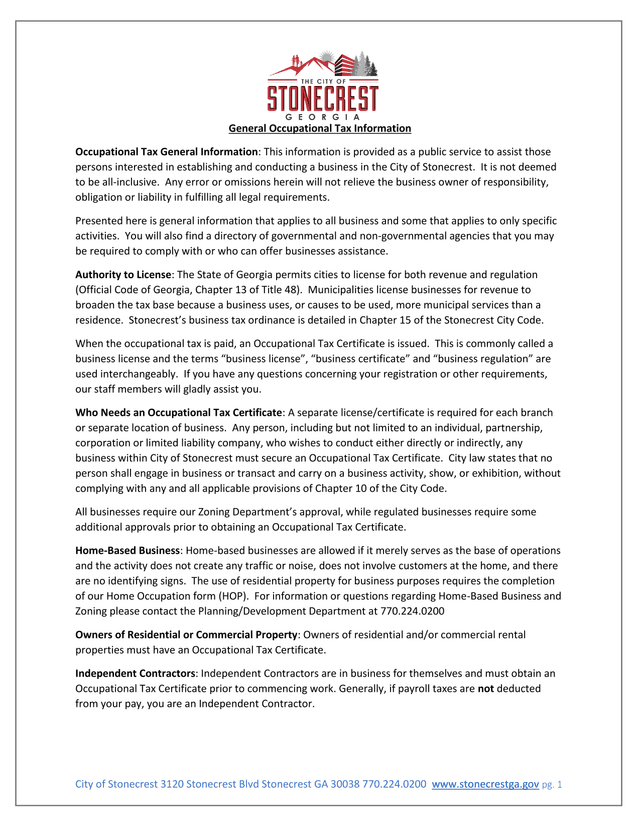 General Occupational Tax Information screenshot