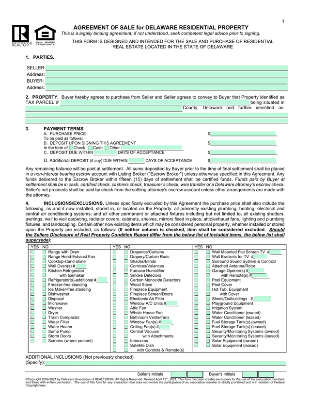AGREEMENT OF SALE For DELAWARE RESIDENTIAL PROPERTY screenshot