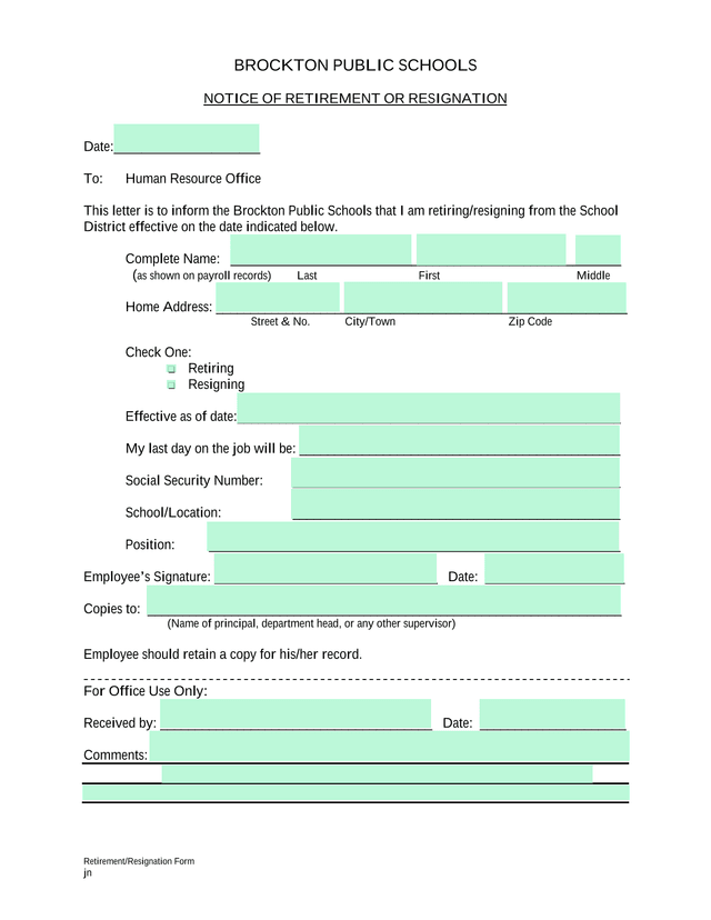 RetirementResignation Form screenshot