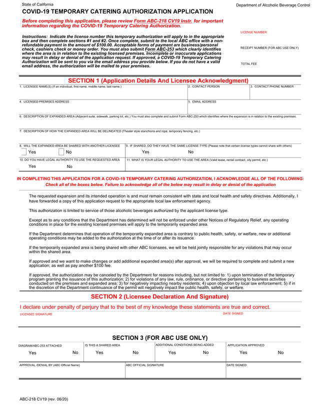 COVID 19 TEMPORARY CATERING AUTHORIZATION APPLICATION screenshot