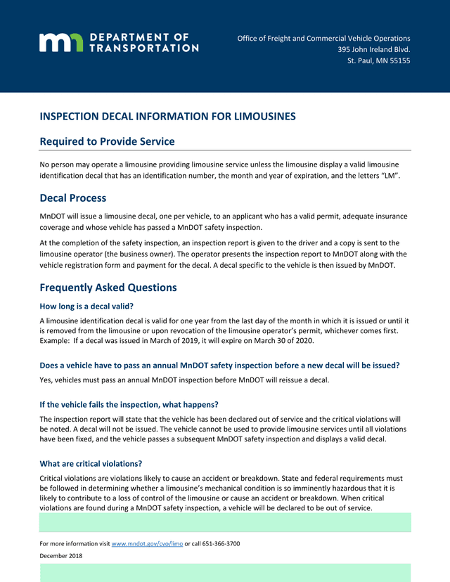 INSPECTION DECAL INFORMATION FOR LIMOUSINES screenshot