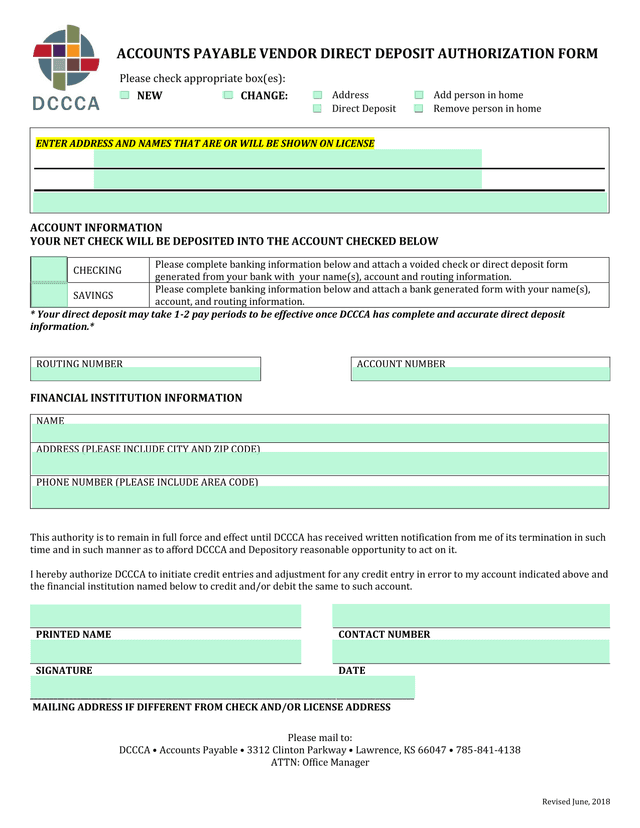 Accounts Payable Vendor Direct Deposit Authorization Form screenshot