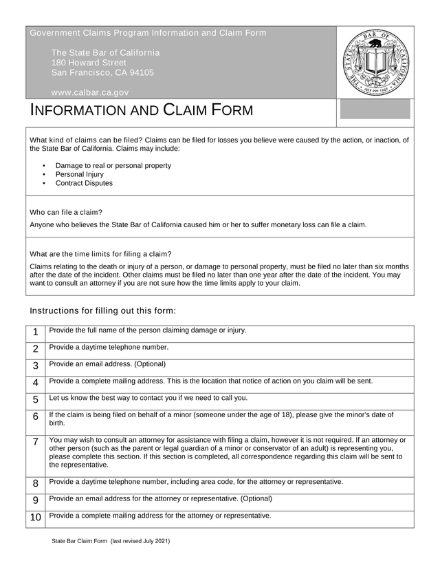Government Claims Program Information And Claim Form screenshot