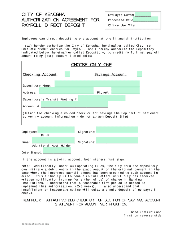 CITY OF KENOSHA AUTHORIZATION AGREEMENT FOR PAYROLL DIRECT DEPOSIT screenshot