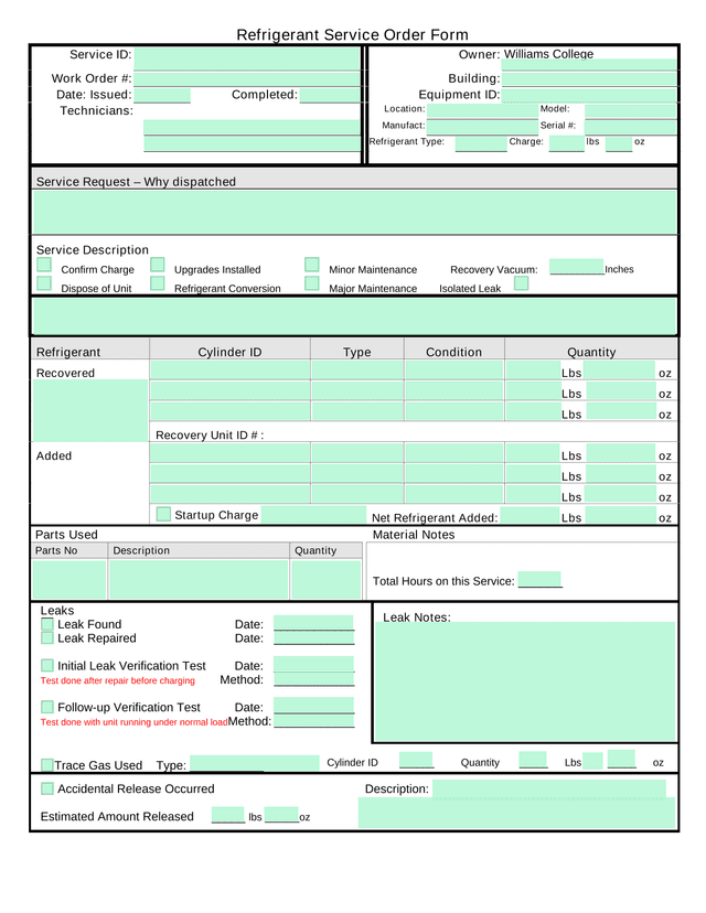 Refrigerant Service Order Form screenshot