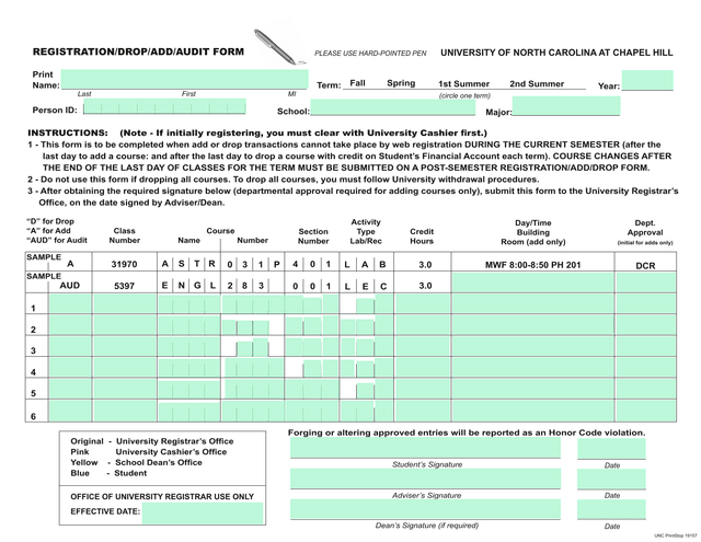 RegistrationDropAddAudit Form screenshot