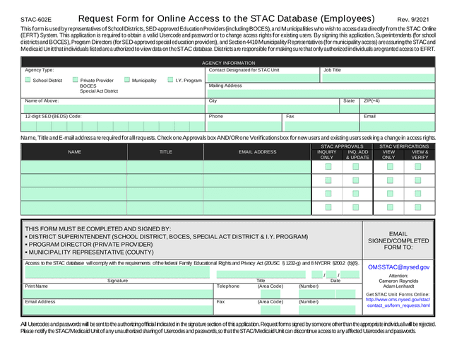 STAC 602E Request Form For Online Access To The STAC Database (Employees) screenshot