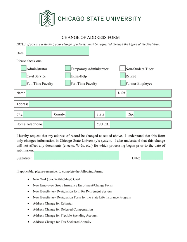 Change Of Address Form screenshot