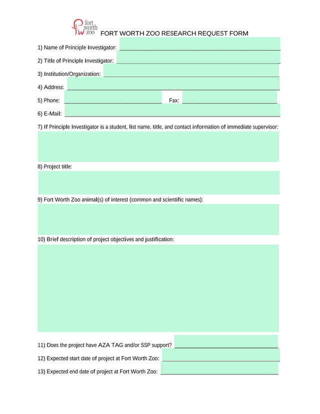 Fort Worth Zoo Research Request Form screenshot