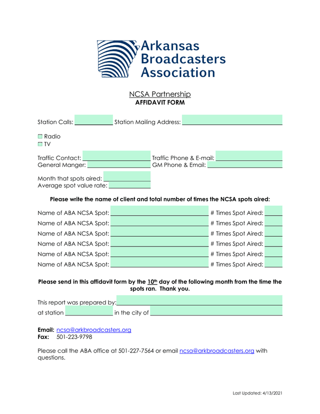 NCSA Partnership Affidavit Form screenshot