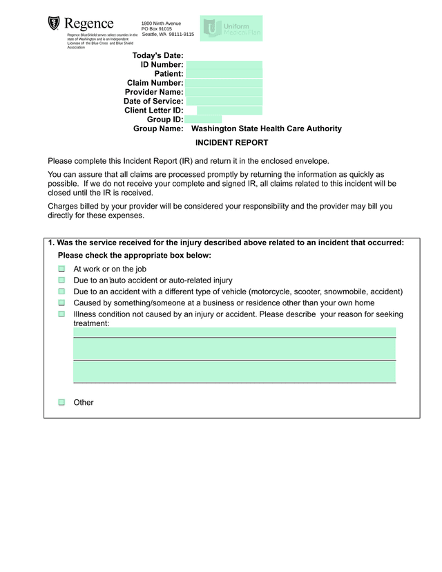 Regence BlueShield Incident Report screenshot