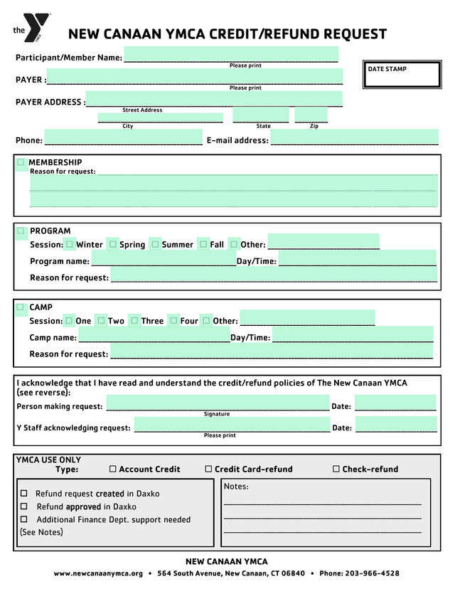 NEW CANAAN YMCA CREDITREFUND REQUEST screenshot