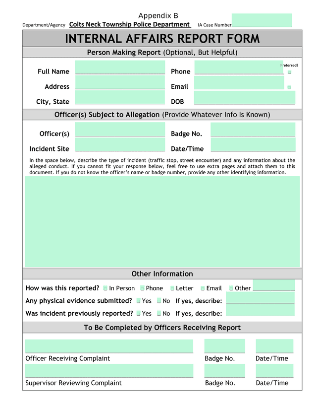 Internal Affairs Report Form screenshot