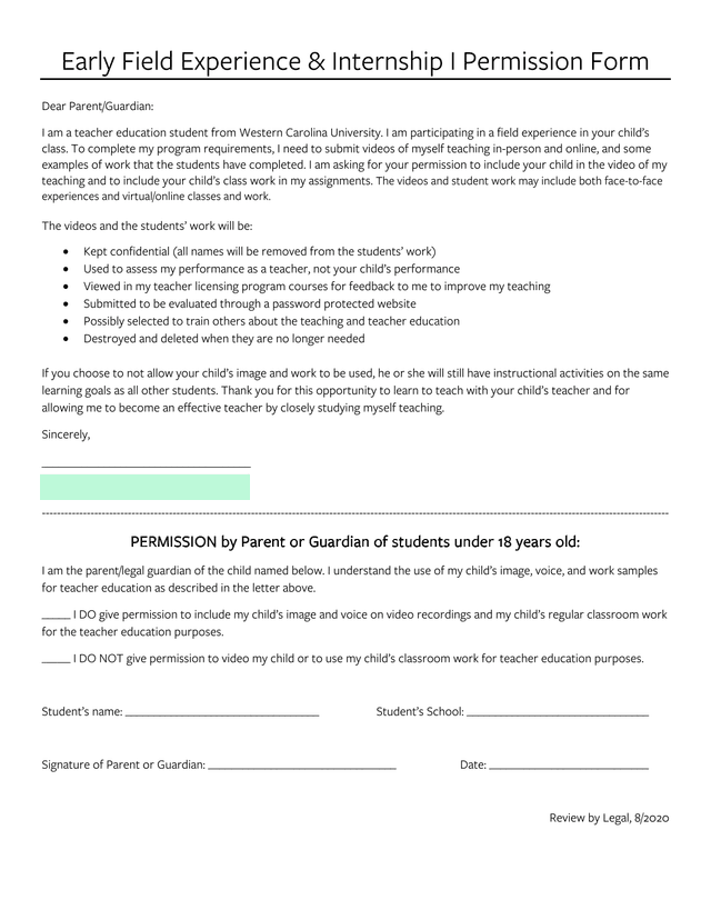 Early Field Experience  Internship I Permission Form screenshot