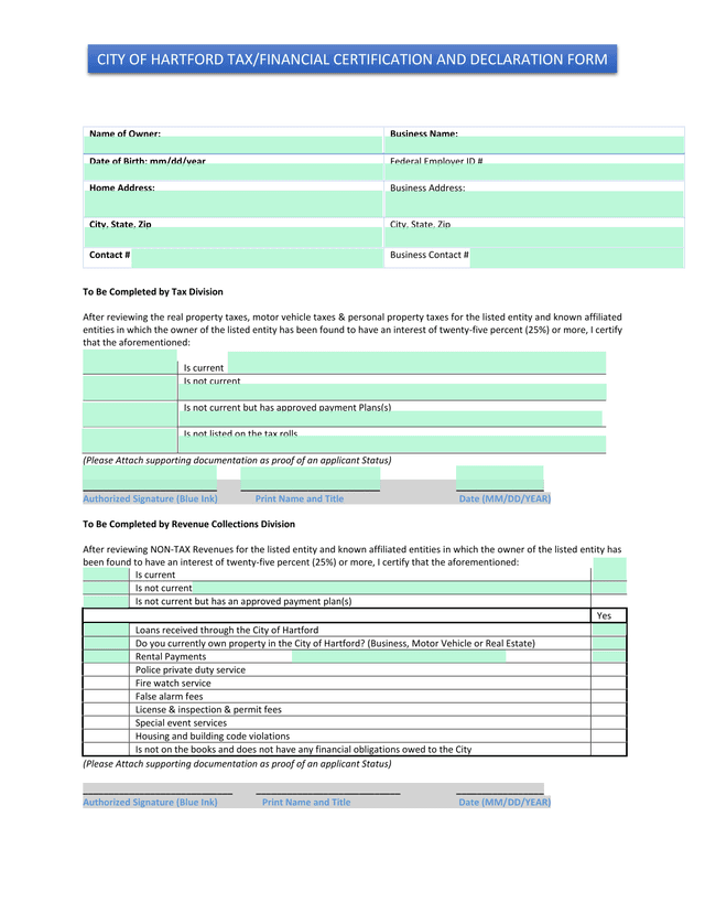 City Of Hartford TaxFinancial Certification And Declaration Form screenshot