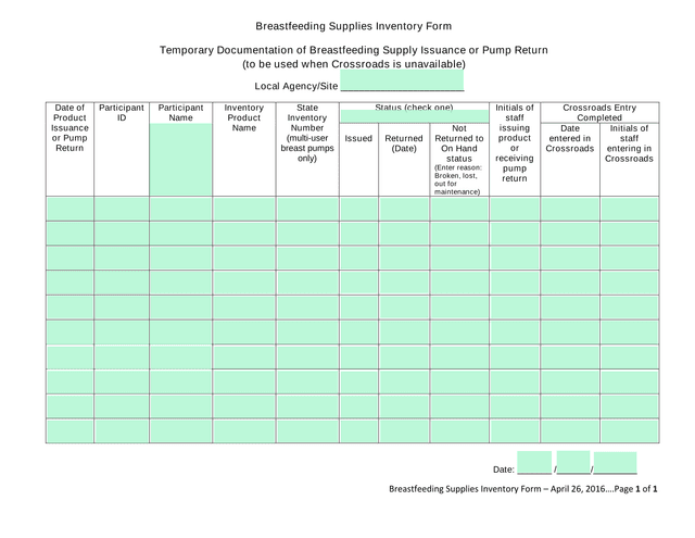 Breastfeeding Supplies Inventory Form screenshot