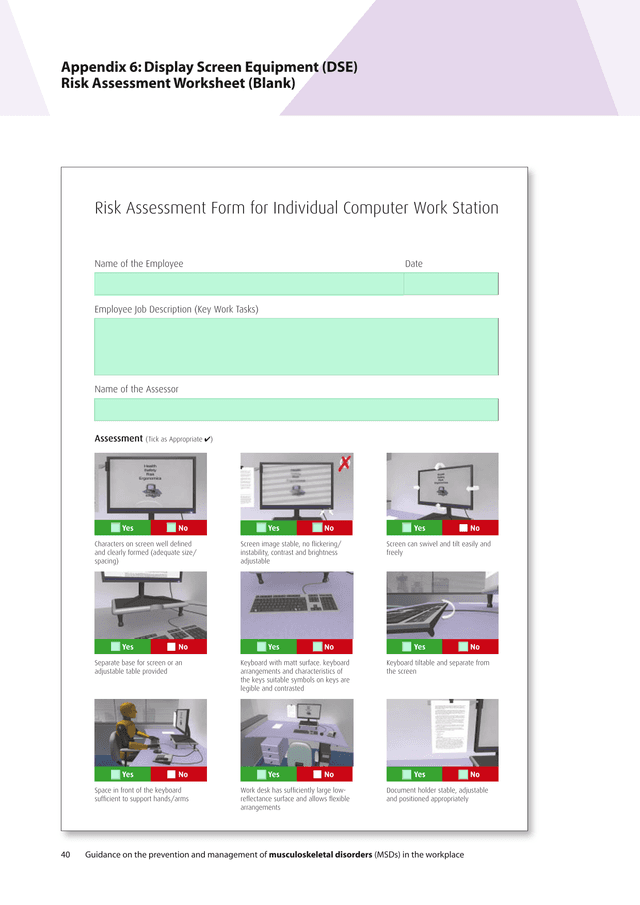 Display Screen Equipment (DSE) Risk Assessment Worksheet screenshot