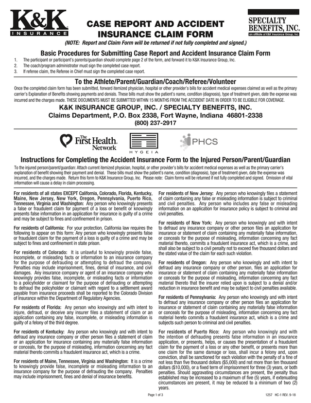 CASE REPORT AND ACCIDENT INSURANCE CLAIM FORM screenshot