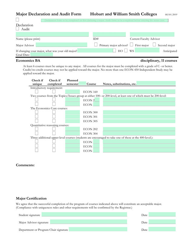 Major Declaration And Audit Form screenshot