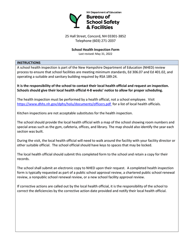 School Health Inspection Form screenshot