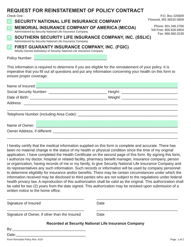 Request For Reinstatement Of Policy Contract screenshot