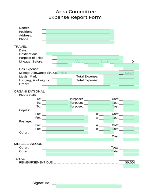 Area Committee Expense Report Form screenshot