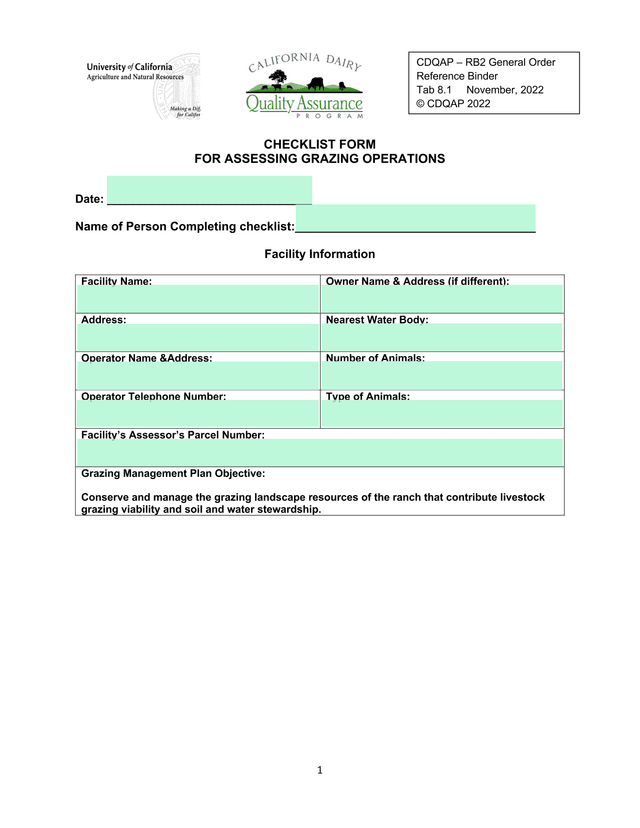 CHECKLIST FORM FOR ASSESSING GRAZING OPERATIONS screenshot