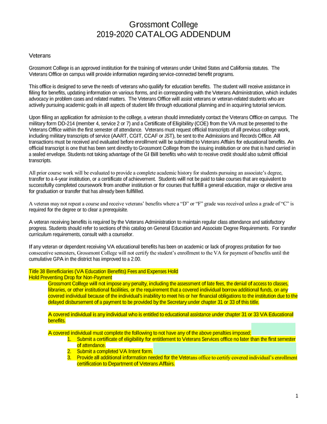 Grossmont College 2019 2020 Catalog Addendum screenshot