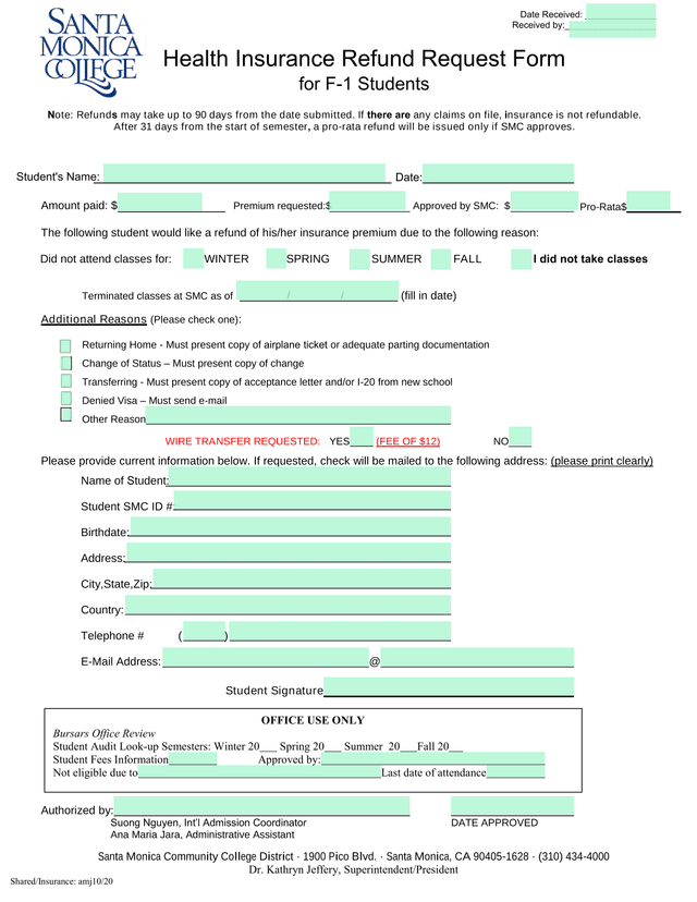 Health Insurance Refund Request Form For F 1 Students screenshot