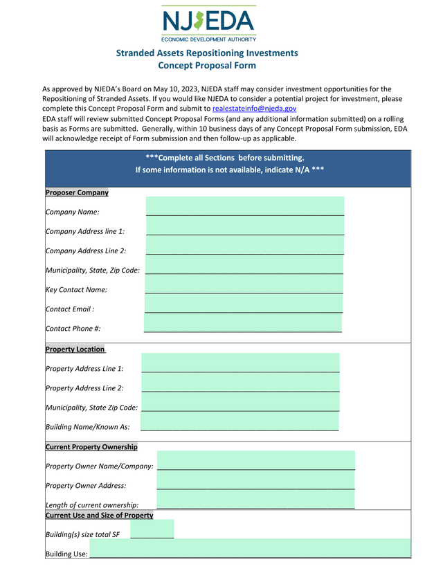 Stranded Assets Repositioning Investments Concept Proposal Form screenshot